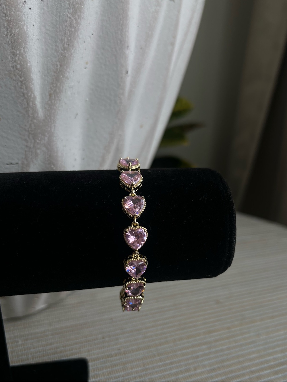 Gold Bracelet with Pink Heart Gemstones